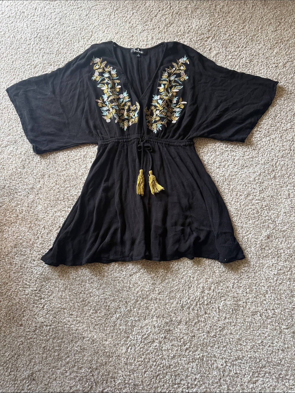 Lulu’s Women’s Black Embroidered V-Neck Women’s Top / Dress with Tassel Tie SM